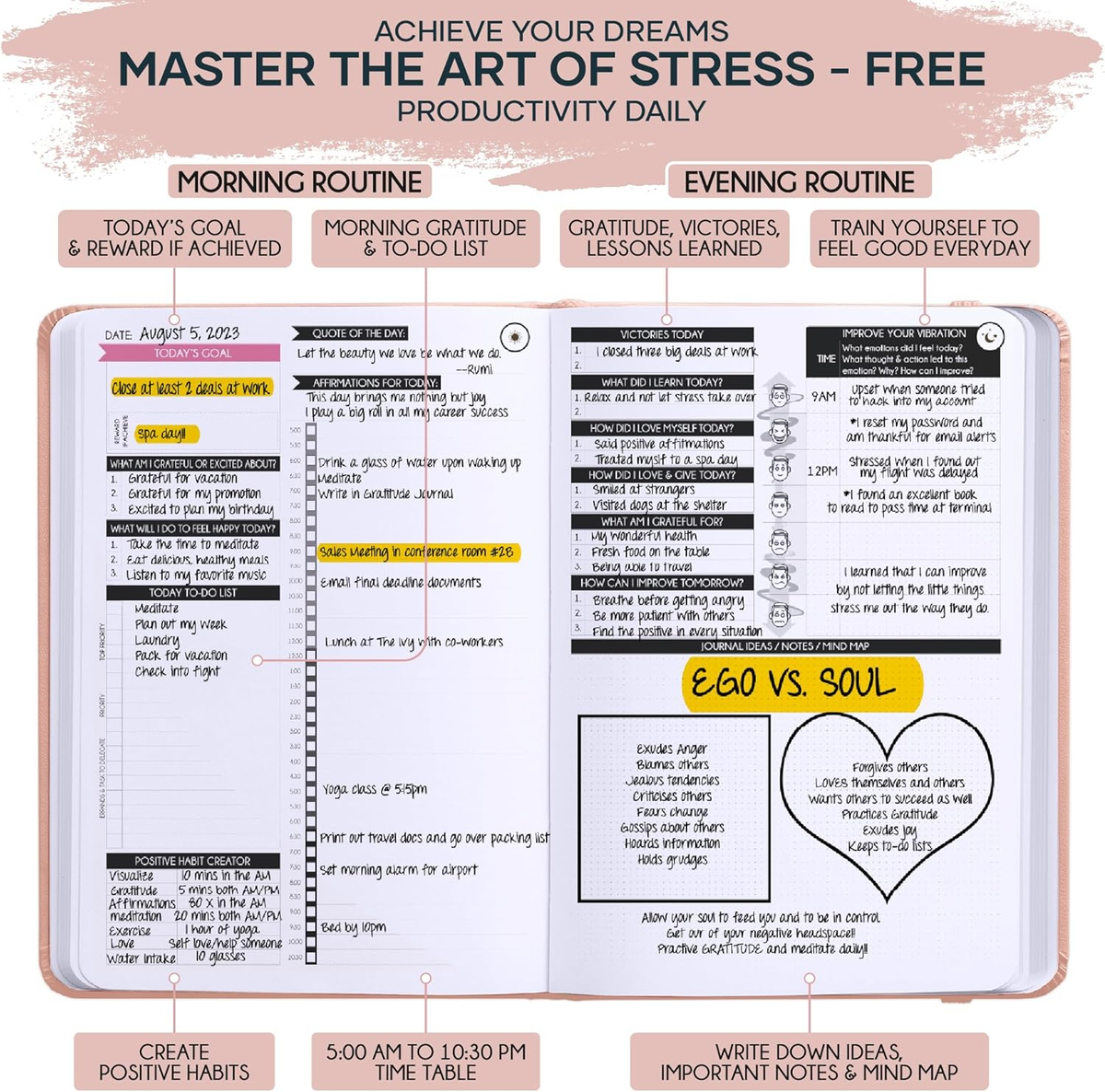 Self Care Journal & ADHD Planner for Adults - 5 Minute Journal, a 90 Days Planner, Creating Your Dream Life, Increase Productivity & Happiness, Vision Board, Guided & Gratitude Journal - Undated