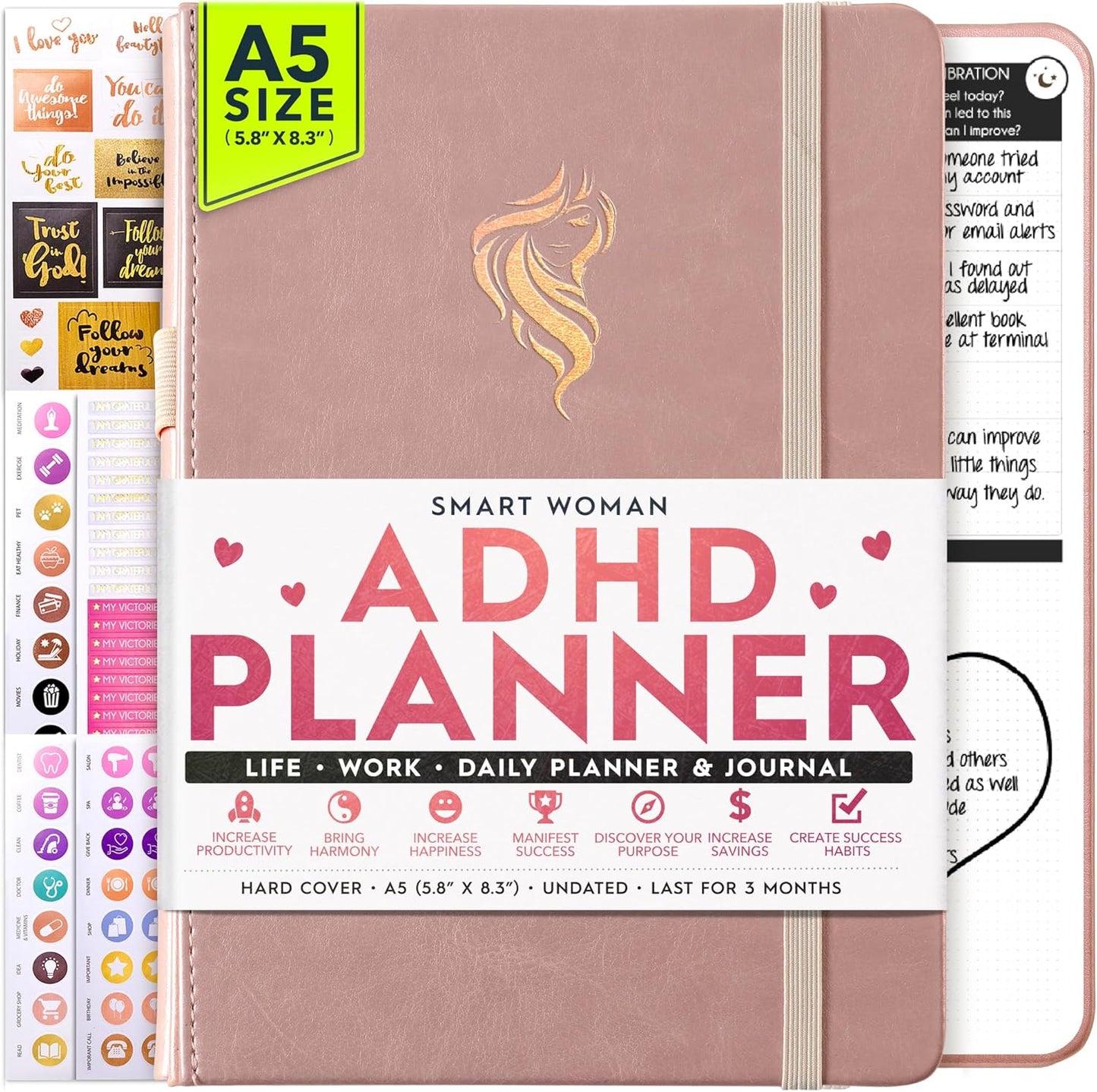 Self Care Journal & ADHD Planner for Adults - 5 Minute Journal, a 90 Days Planner, Creating Your Dream Life, Increase Productivity & Happiness, Vision Board, Guided & Gratitude Journal - Undated